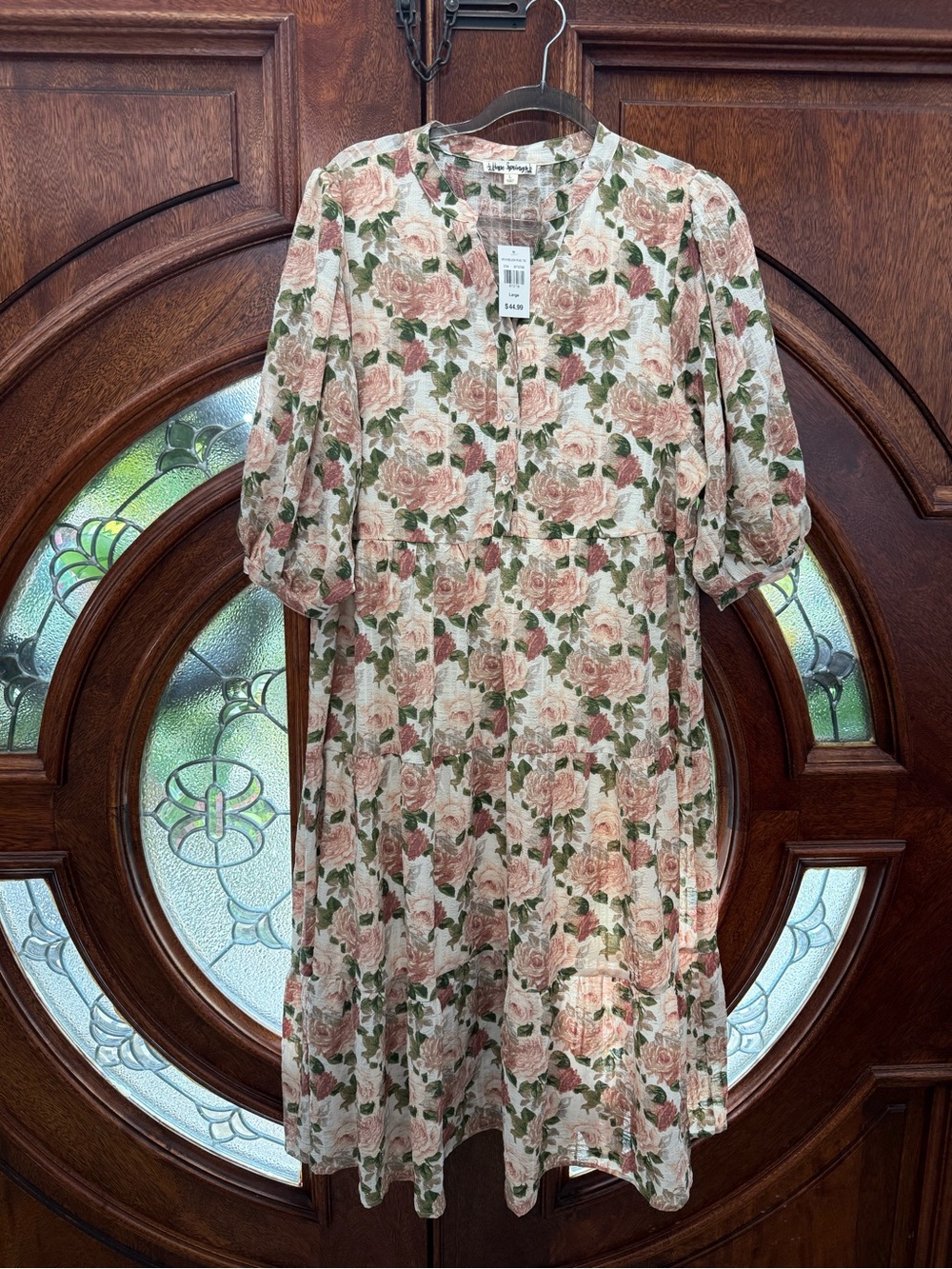 Hope Springs Brand Rose-Print Midi Dress in Light Pink and Cream